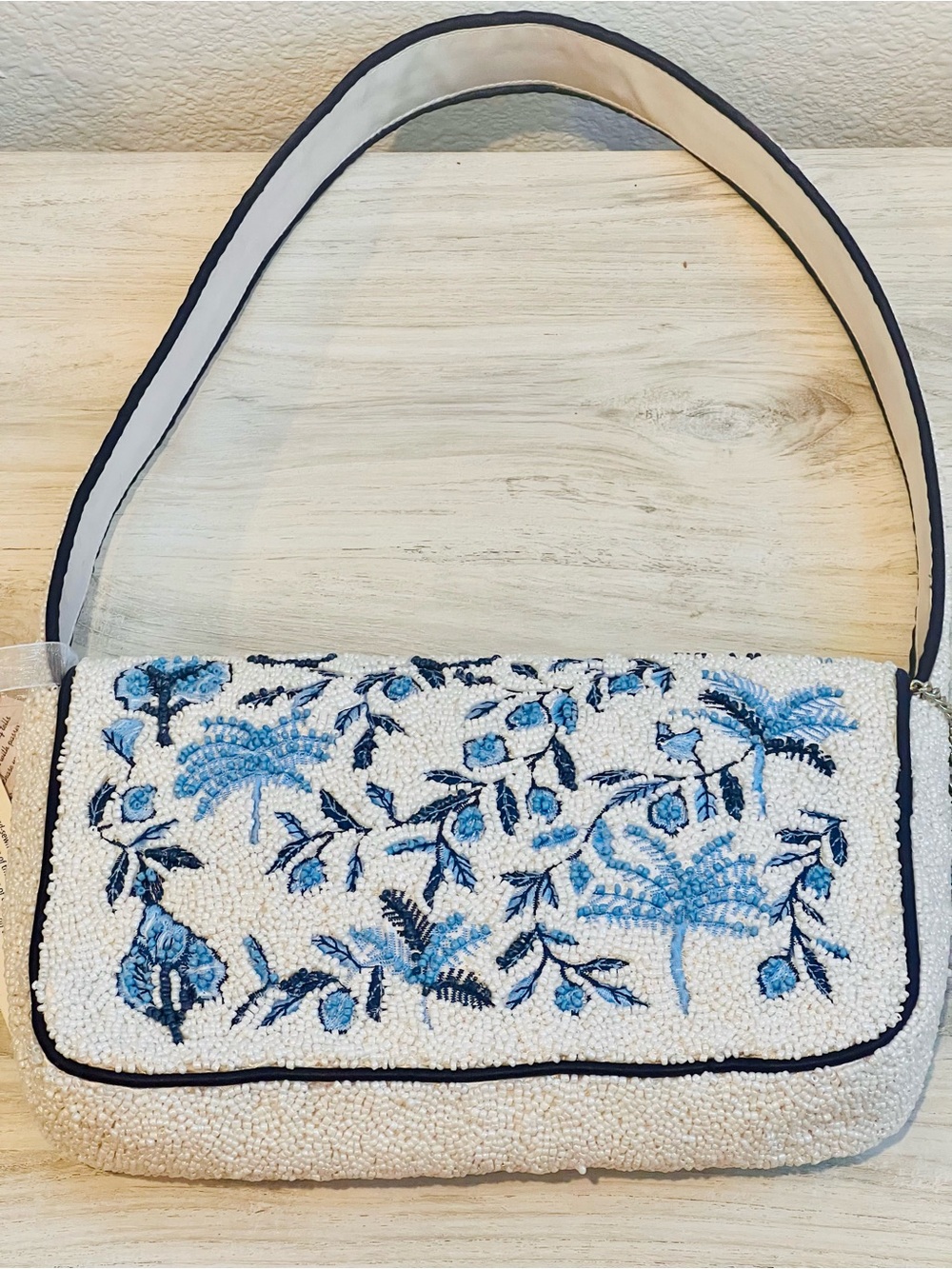 Beaded Floral Palm Tree Bag White and Blue Viral TikTok New - Picture 7 of 10